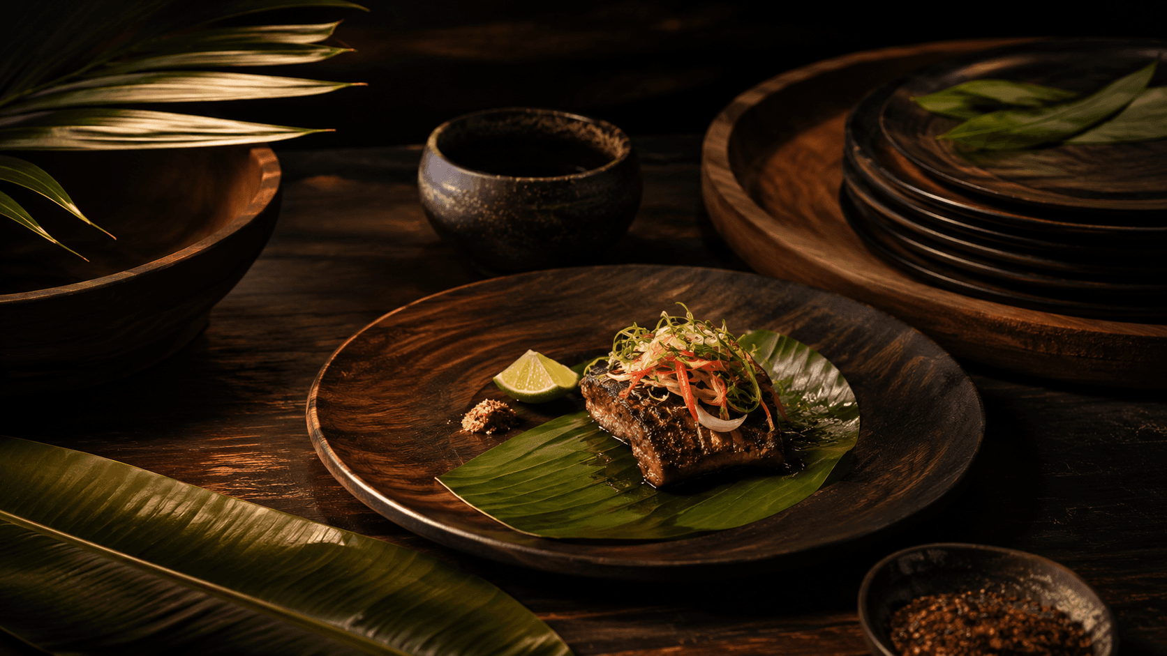 Notes on Dark Wood Plates and Island Presentation